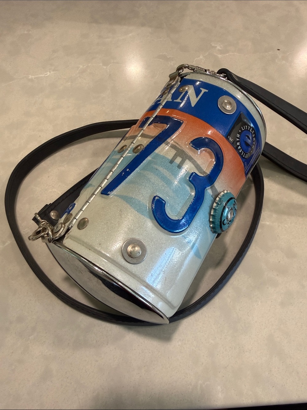 Novelty Michigan License Plate Cylinder Crossbody Bag; Blue and Orange, Vintage